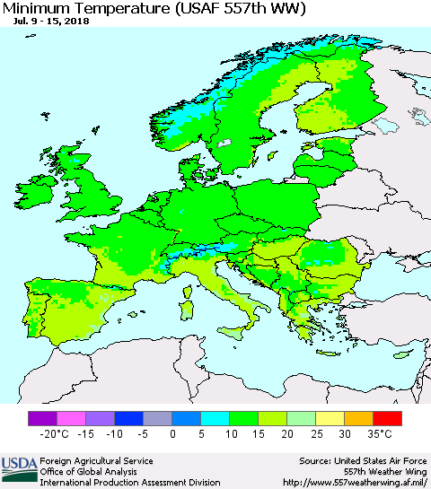 Europe Mean Minimum Temperature (USAF 557th WW) Thematic Map For 7/9/2018 - 7/15/2018