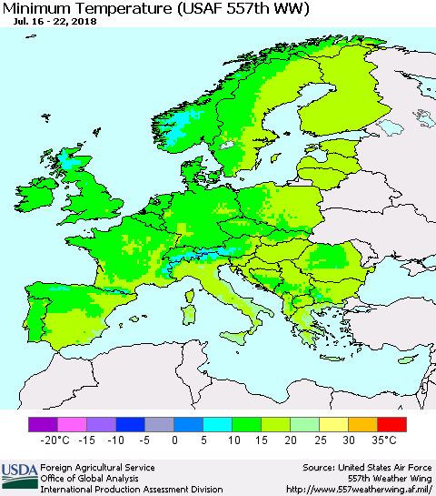 Europe Mean Minimum Temperature (USAF 557th WW) Thematic Map For 7/16/2018 - 7/22/2018