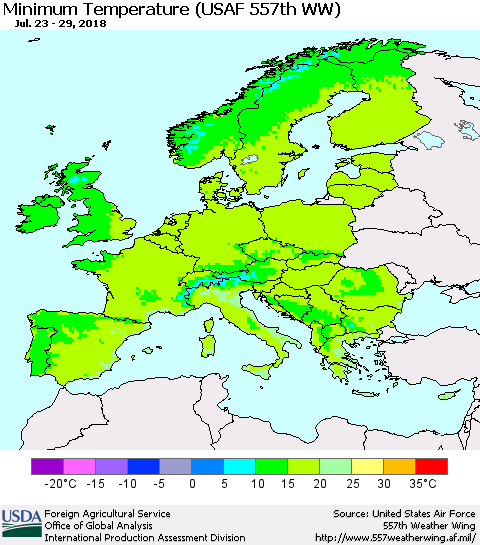 Europe Mean Minimum Temperature (USAF 557th WW) Thematic Map For 7/23/2018 - 7/29/2018