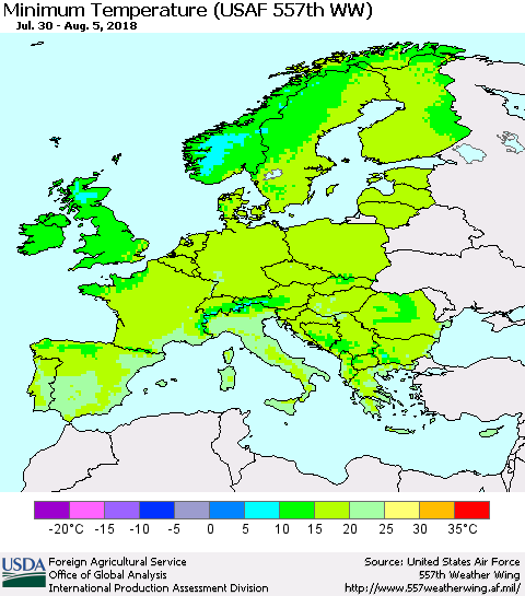 Europe Mean Minimum Temperature (USAF 557th WW) Thematic Map For 7/30/2018 - 8/5/2018