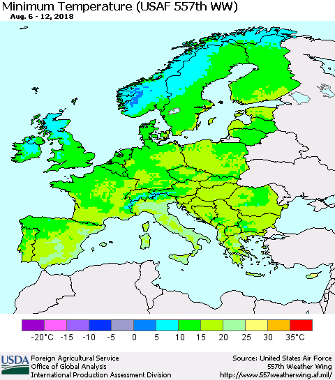 Europe Mean Minimum Temperature (USAF 557th WW) Thematic Map For 8/6/2018 - 8/12/2018