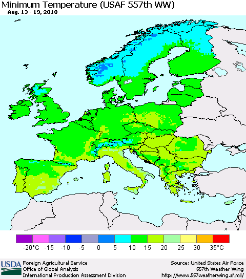 Europe Mean Minimum Temperature (USAF 557th WW) Thematic Map For 8/13/2018 - 8/19/2018
