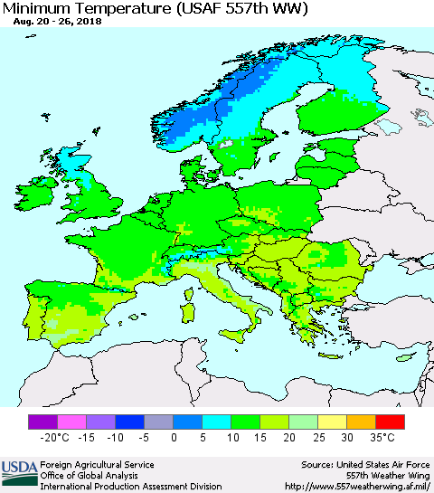 Europe Mean Minimum Temperature (USAF 557th WW) Thematic Map For 8/20/2018 - 8/26/2018