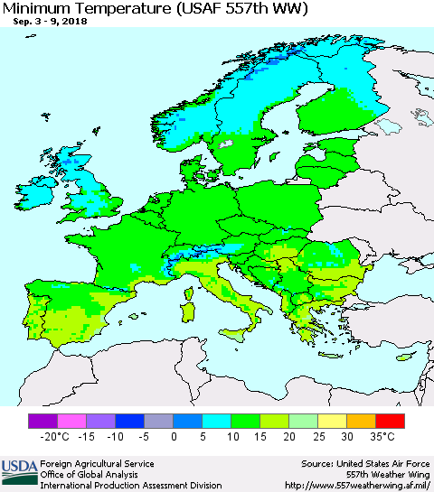 Europe Mean Minimum Temperature (USAF 557th WW) Thematic Map For 9/3/2018 - 9/9/2018