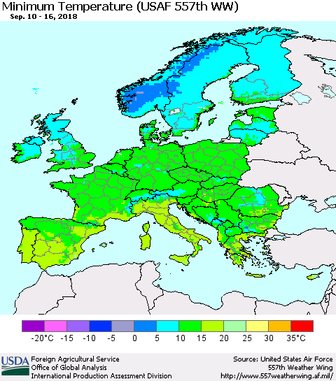 Europe Mean Minimum Temperature (USAF 557th WW) Thematic Map For 9/10/2018 - 9/16/2018