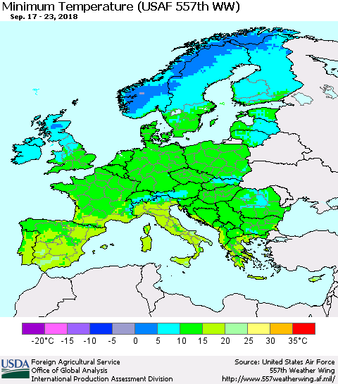 Europe Mean Minimum Temperature (USAF 557th WW) Thematic Map For 9/17/2018 - 9/23/2018