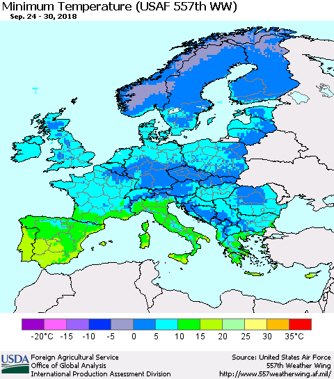 Europe Mean Minimum Temperature (USAF 557th WW) Thematic Map For 9/24/2018 - 9/30/2018