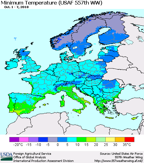 Europe Mean Minimum Temperature (USAF 557th WW) Thematic Map For 10/1/2018 - 10/7/2018