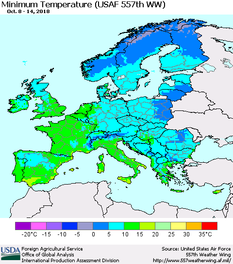 Europe Mean Minimum Temperature (USAF 557th WW) Thematic Map For 10/8/2018 - 10/14/2018