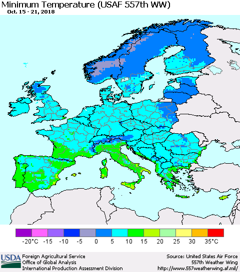 Europe Mean Minimum Temperature (USAF 557th WW) Thematic Map For 10/15/2018 - 10/21/2018