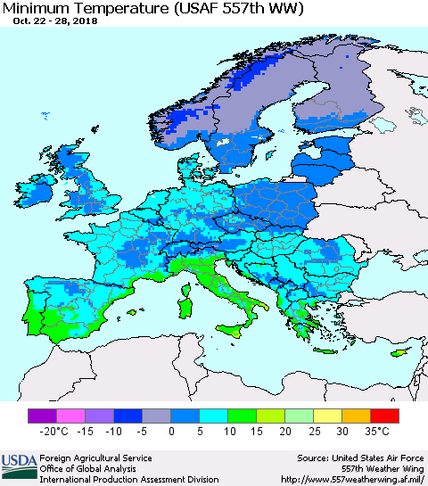Europe Mean Minimum Temperature (USAF 557th WW) Thematic Map For 10/22/2018 - 10/28/2018