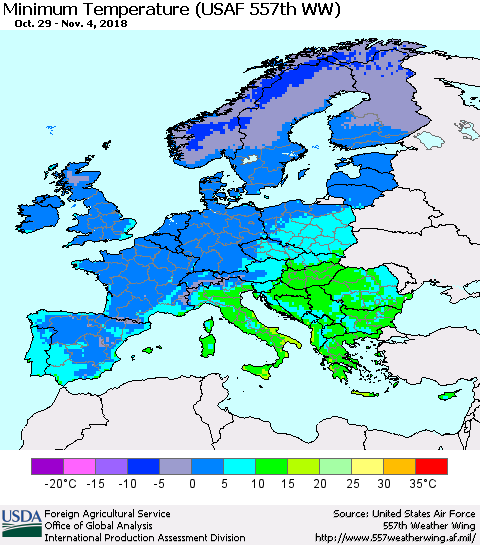 Europe Mean Minimum Temperature (USAF 557th WW) Thematic Map For 10/29/2018 - 11/4/2018