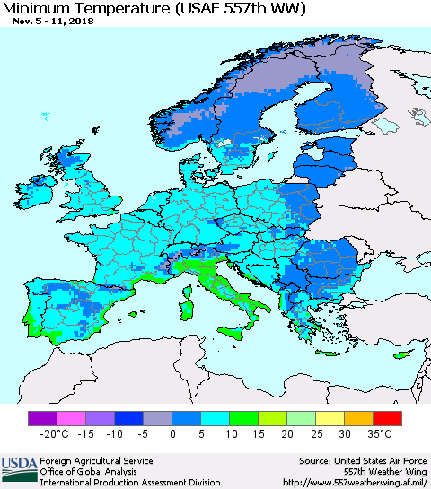 Europe Mean Minimum Temperature (USAF 557th WW) Thematic Map For 11/5/2018 - 11/11/2018