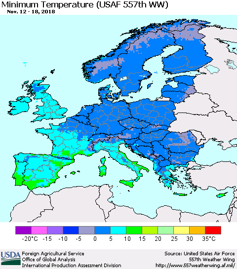 Europe Mean Minimum Temperature (USAF 557th WW) Thematic Map For 11/12/2018 - 11/18/2018