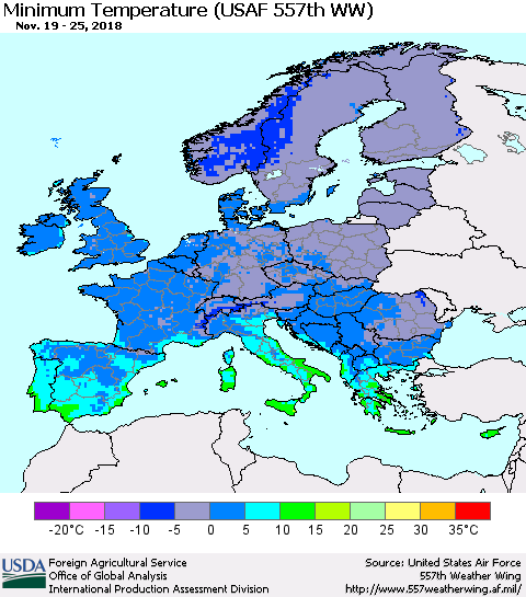 Europe Mean Minimum Temperature (USAF 557th WW) Thematic Map For 11/19/2018 - 11/25/2018