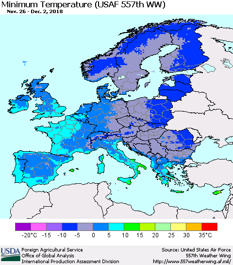 Europe Mean Minimum Temperature (USAF 557th WW) Thematic Map For 11/26/2018 - 12/2/2018