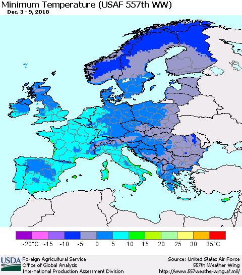 Europe Mean Minimum Temperature (USAF 557th WW) Thematic Map For 12/3/2018 - 12/9/2018