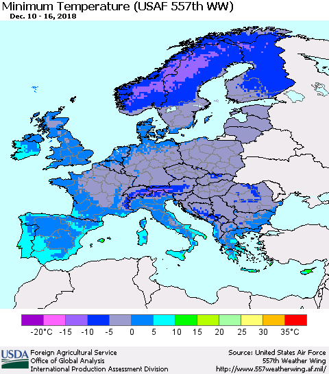 Europe Mean Minimum Temperature (USAF 557th WW) Thematic Map For 12/10/2018 - 12/16/2018