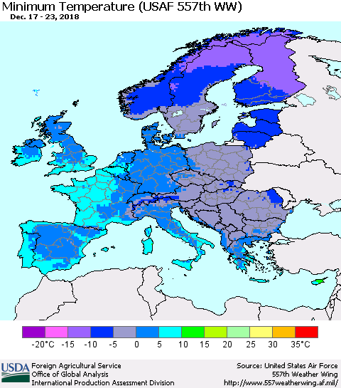 Europe Mean Minimum Temperature (USAF 557th WW) Thematic Map For 12/17/2018 - 12/23/2018