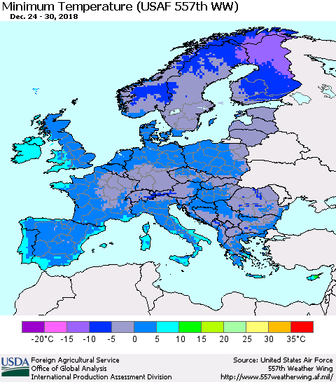 Europe Mean Minimum Temperature (USAF 557th WW) Thematic Map For 12/24/2018 - 12/30/2018