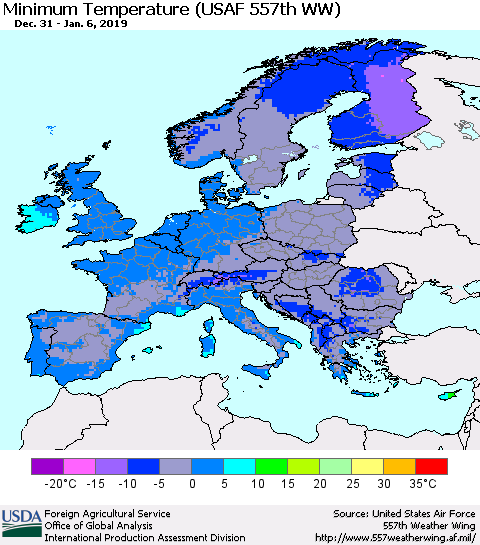 Europe Mean Minimum Temperature (USAF 557th WW) Thematic Map For 12/31/2018 - 1/6/2019