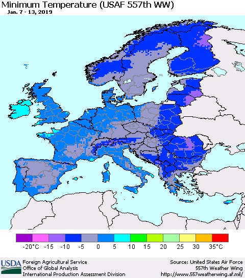 Europe Mean Minimum Temperature (USAF 557th WW) Thematic Map For 1/7/2019 - 1/13/2019