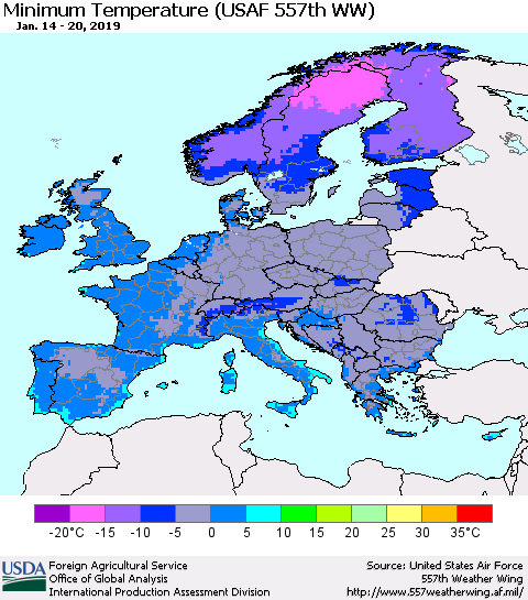 Europe Mean Minimum Temperature (USAF 557th WW) Thematic Map For 1/14/2019 - 1/20/2019