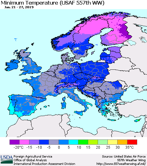 Europe Mean Minimum Temperature (USAF 557th WW) Thematic Map For 1/21/2019 - 1/27/2019