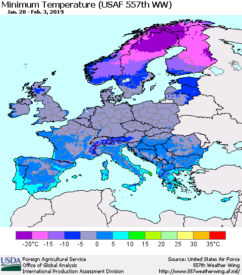 Europe Mean Minimum Temperature (USAF 557th WW) Thematic Map For 1/28/2019 - 2/3/2019