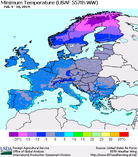Europe Mean Minimum Temperature (USAF 557th WW) Thematic Map For 2/4/2019 - 2/10/2019