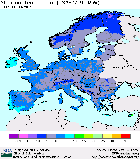 Europe Mean Minimum Temperature (USAF 557th WW) Thematic Map For 2/11/2019 - 2/17/2019