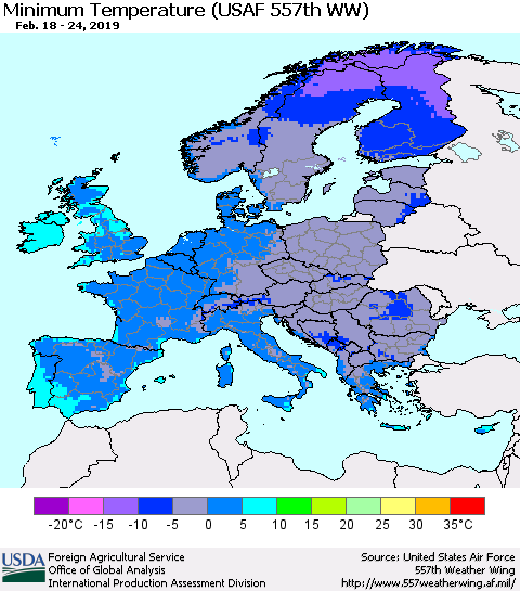 Europe Mean Minimum Temperature (USAF 557th WW) Thematic Map For 2/18/2019 - 2/24/2019