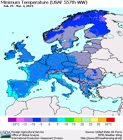 Europe Mean Minimum Temperature (USAF 557th WW) Thematic Map For 2/25/2019 - 3/3/2019