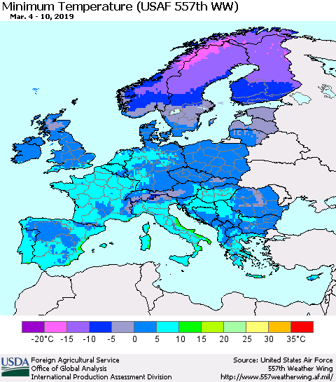 Europe Mean Minimum Temperature (USAF 557th WW) Thematic Map For 3/4/2019 - 3/10/2019
