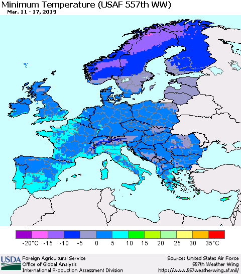 Europe Mean Minimum Temperature (USAF 557th WW) Thematic Map For 3/11/2019 - 3/17/2019