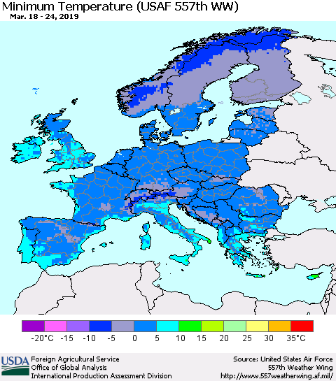 Europe Mean Minimum Temperature (USAF 557th WW) Thematic Map For 3/18/2019 - 3/24/2019