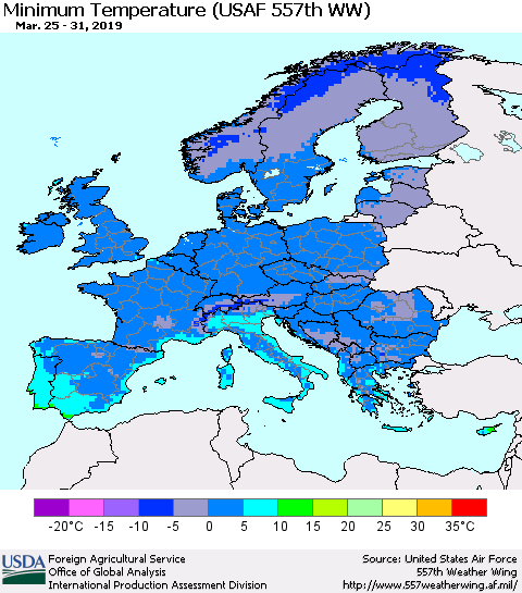 Europe Mean Minimum Temperature (USAF 557th WW) Thematic Map For 3/25/2019 - 3/31/2019
