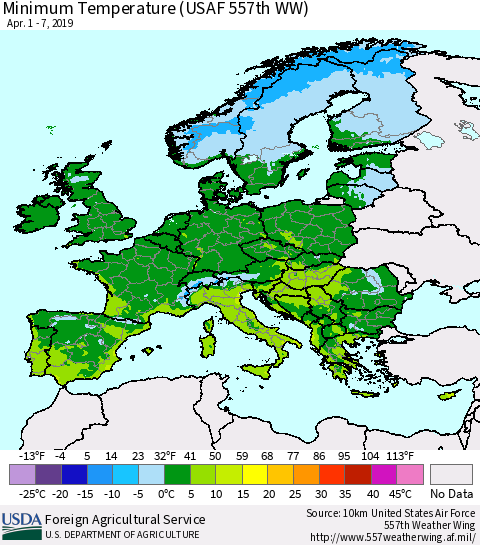 Europe Mean Minimum Temperature (USAF 557th WW) Thematic Map For 4/1/2019 - 4/7/2019