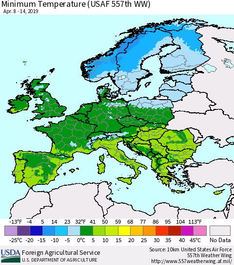 Europe Mean Minimum Temperature (USAF 557th WW) Thematic Map For 4/8/2019 - 4/14/2019