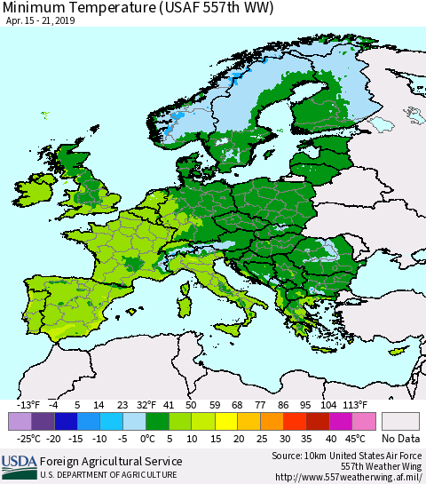 Europe Mean Minimum Temperature (USAF 557th WW) Thematic Map For 4/15/2019 - 4/21/2019