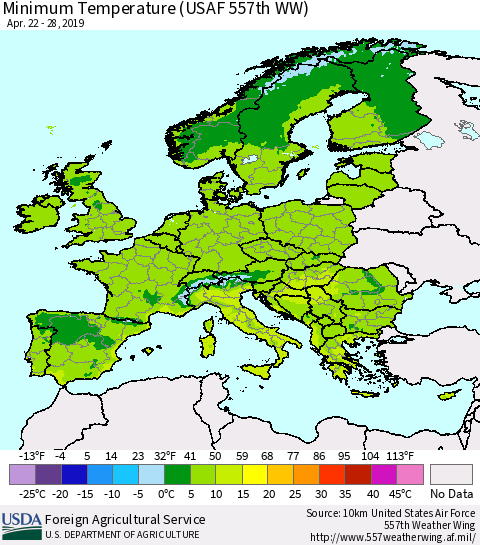 Europe Mean Minimum Temperature (USAF 557th WW) Thematic Map For 4/22/2019 - 4/28/2019