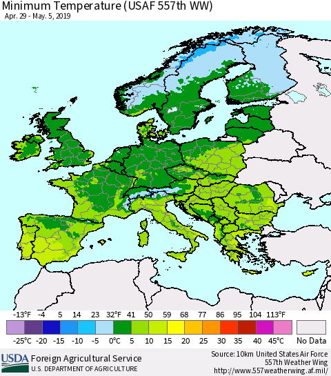 Europe Mean Minimum Temperature (USAF 557th WW) Thematic Map For 4/29/2019 - 5/5/2019