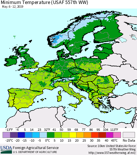 Europe Mean Minimum Temperature (USAF 557th WW) Thematic Map For 5/6/2019 - 5/12/2019