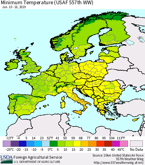 Europe Mean Minimum Temperature (USAF 557th WW) Thematic Map For 6/10/2019 - 6/16/2019