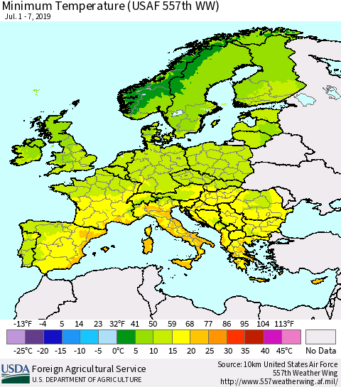 Europe Mean Minimum Temperature (USAF 557th WW) Thematic Map For 7/1/2019 - 7/7/2019