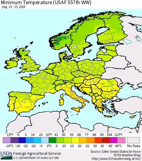 Europe Mean Minimum Temperature (USAF 557th WW) Thematic Map For 8/19/2019 - 8/25/2019
