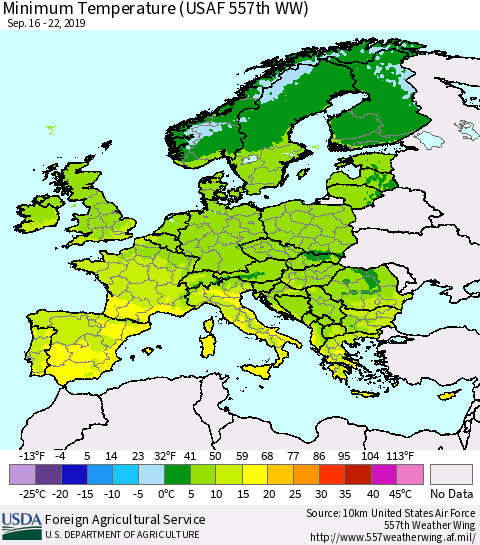 Europe Mean Minimum Temperature (USAF 557th WW) Thematic Map For 9/16/2019 - 9/22/2019