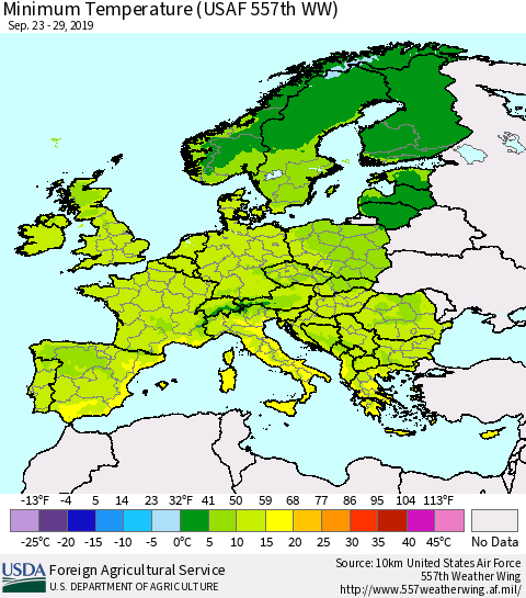 Europe Mean Minimum Temperature (USAF 557th WW) Thematic Map For 9/23/2019 - 9/29/2019