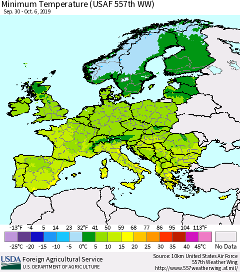 Europe Mean Minimum Temperature (USAF 557th WW) Thematic Map For 9/30/2019 - 10/6/2019