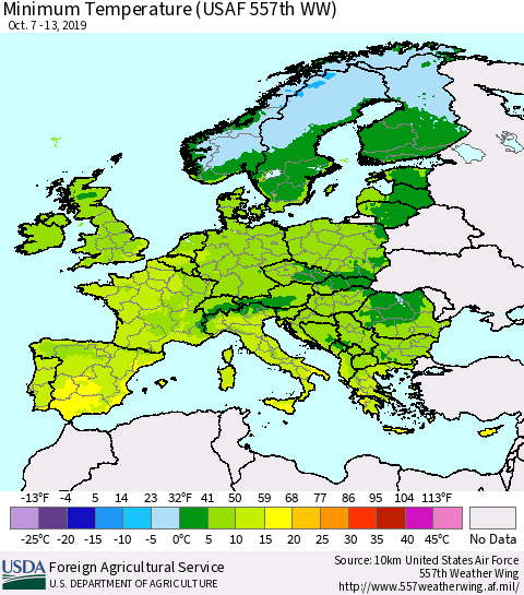 Europe Mean Minimum Temperature (USAF 557th WW) Thematic Map For 10/7/2019 - 10/13/2019